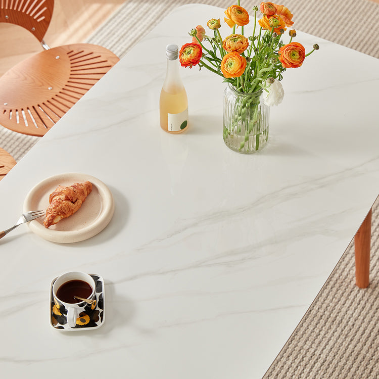 Modern Rectangle Dining Table Sintered Stone Top Table with 4 Wood Legs
