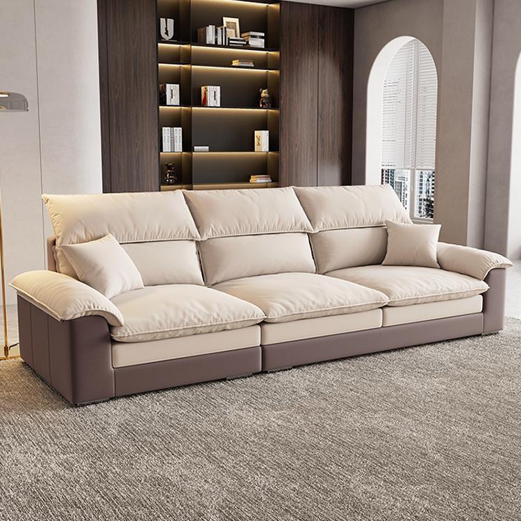 Modern Faux Leather Sofa Beige Pillow Top Arm Sectional with Stainless Steel Legs
