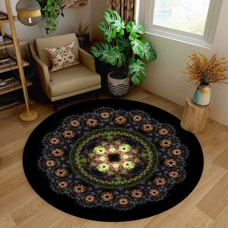 Retro Round Rug Medallion Print Polyester Carpet Non-Slip Backing Area Rug for Living Room