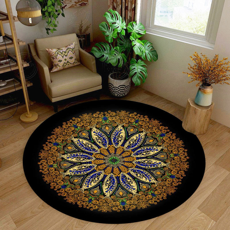 Retro Round Rug Medallion Print Polyester Carpet Non-Slip Backing Area Rug for Living Room