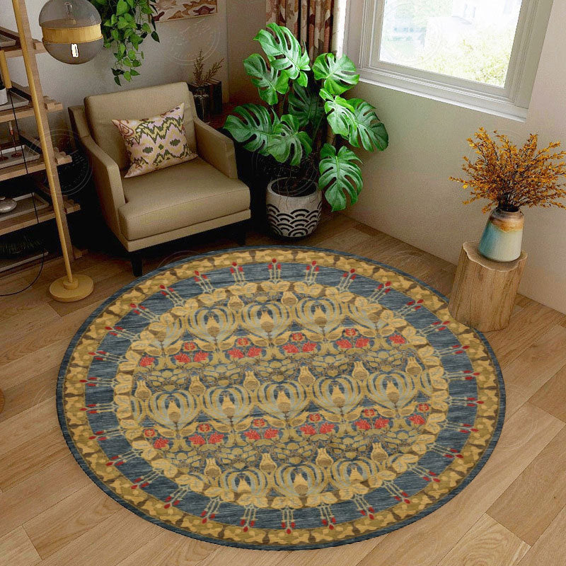 Retro Round Rug Medallion Print Polyester Carpet Non-Slip Backing Area Rug for Living Room