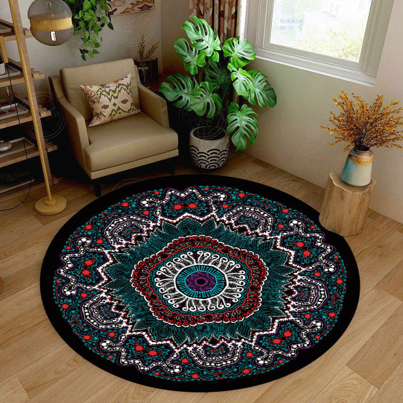Retro Round Rug Medallion Print Polyester Carpet Non-Slip Backing Area Rug for Living Room