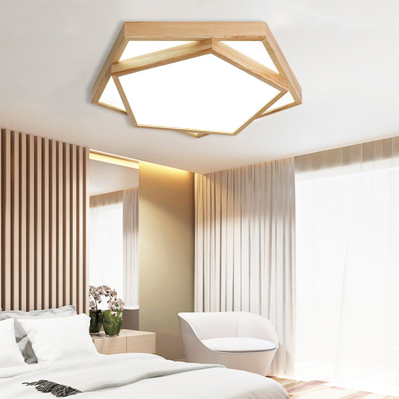Simple Pentagon Flush Mount Light 2-Light Wood LED Ceiling Light for Bedroom