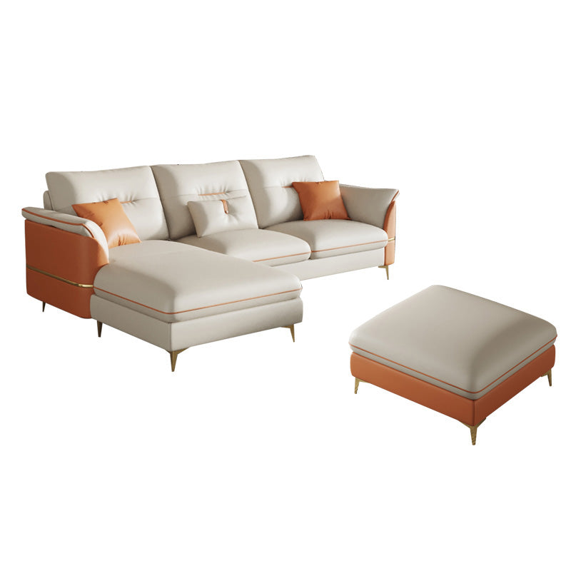 Beige Genuine Leather Pillow Top Arm Sofa/Sectionals With Cushions Metal Legs