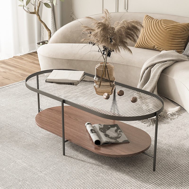 Glass Cross Legs Cocktail Table with Wood Accents Elliptical Coffee Table