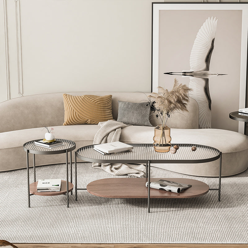 Glass Cross Legs Cocktail Table with Wood Accents Elliptical Coffee Table