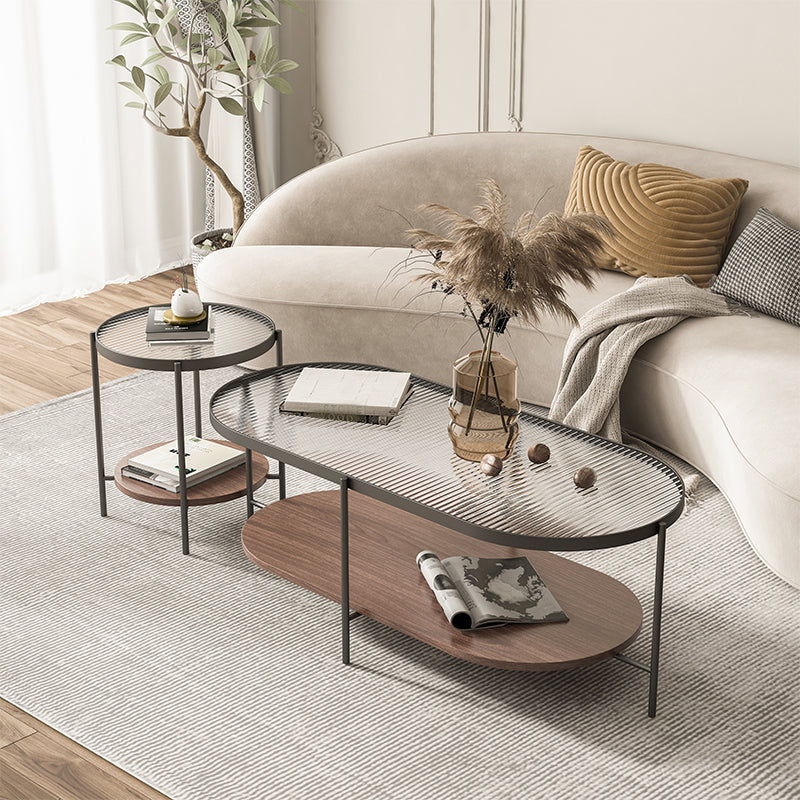 Glass Cross Legs Cocktail Table with Wood Accents Elliptical Coffee Table