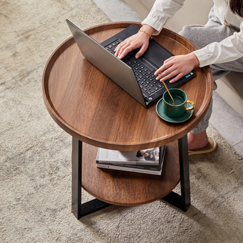Round Wood Coffee Table Cross Legs 1 Single Cocktail Table with Tray Top