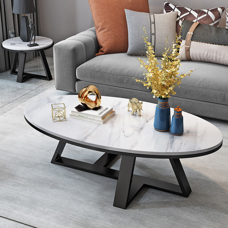 Modern Slate Cross Legs Coffee Table Oval Cocktail Table in Grey/White