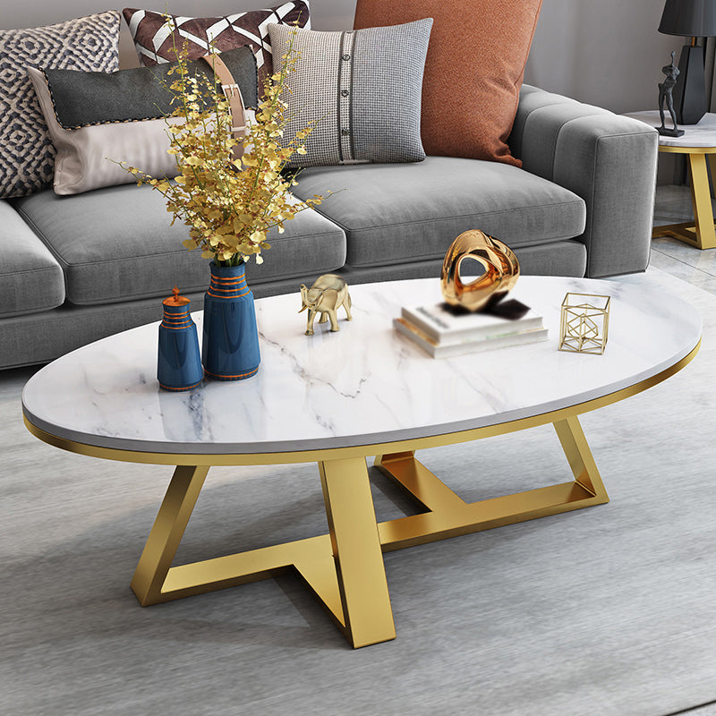 Modern Slate Cross Legs Coffee Table Oval Cocktail Table in Grey/White