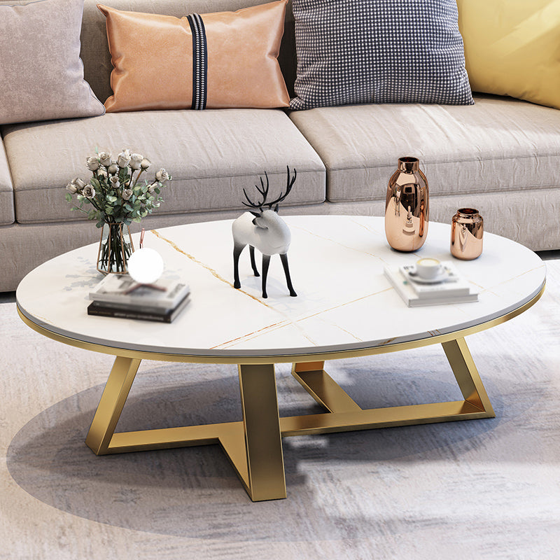 Modern Slate Cross Legs Coffee Table Oval Cocktail Table in Grey/White
