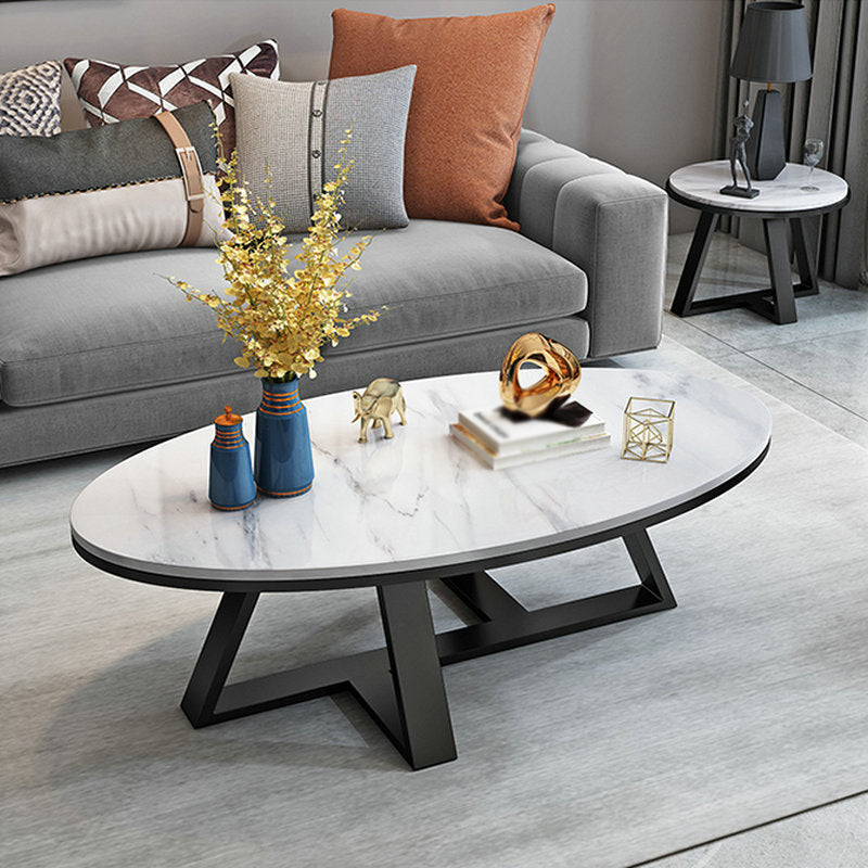 Modern Slate Cross Legs Coffee Table Oval Cocktail Table in Grey/White