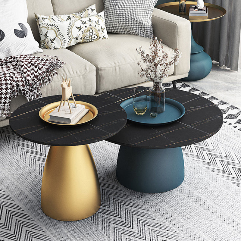 Modern Slate Pedestal Coffee Table Round Cocktail Table in Black/White