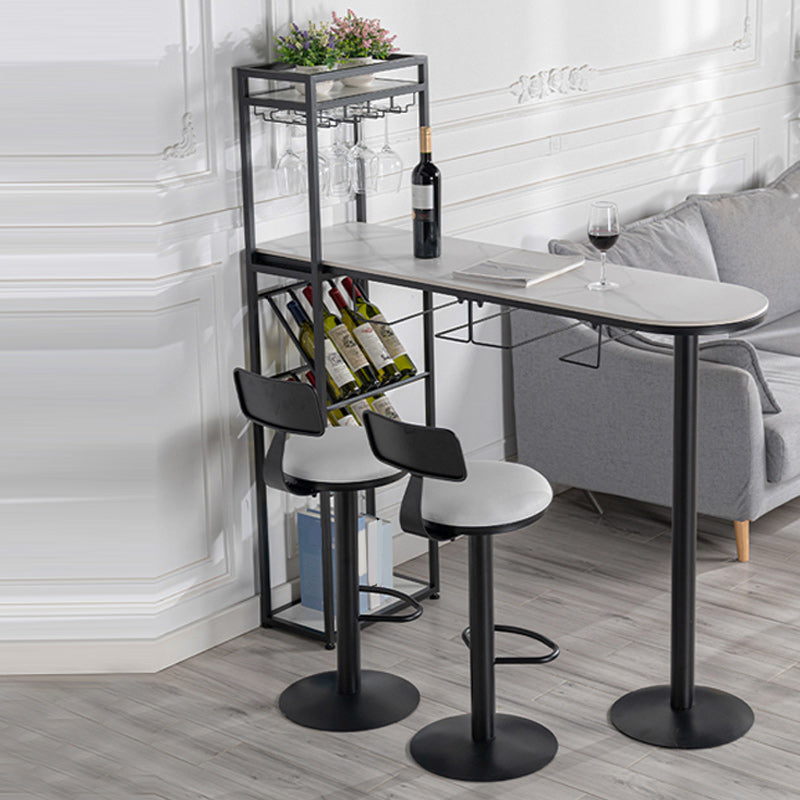 Living Room Pub Height Dining Table Stone and Metal Bistro Table with Wine Rack