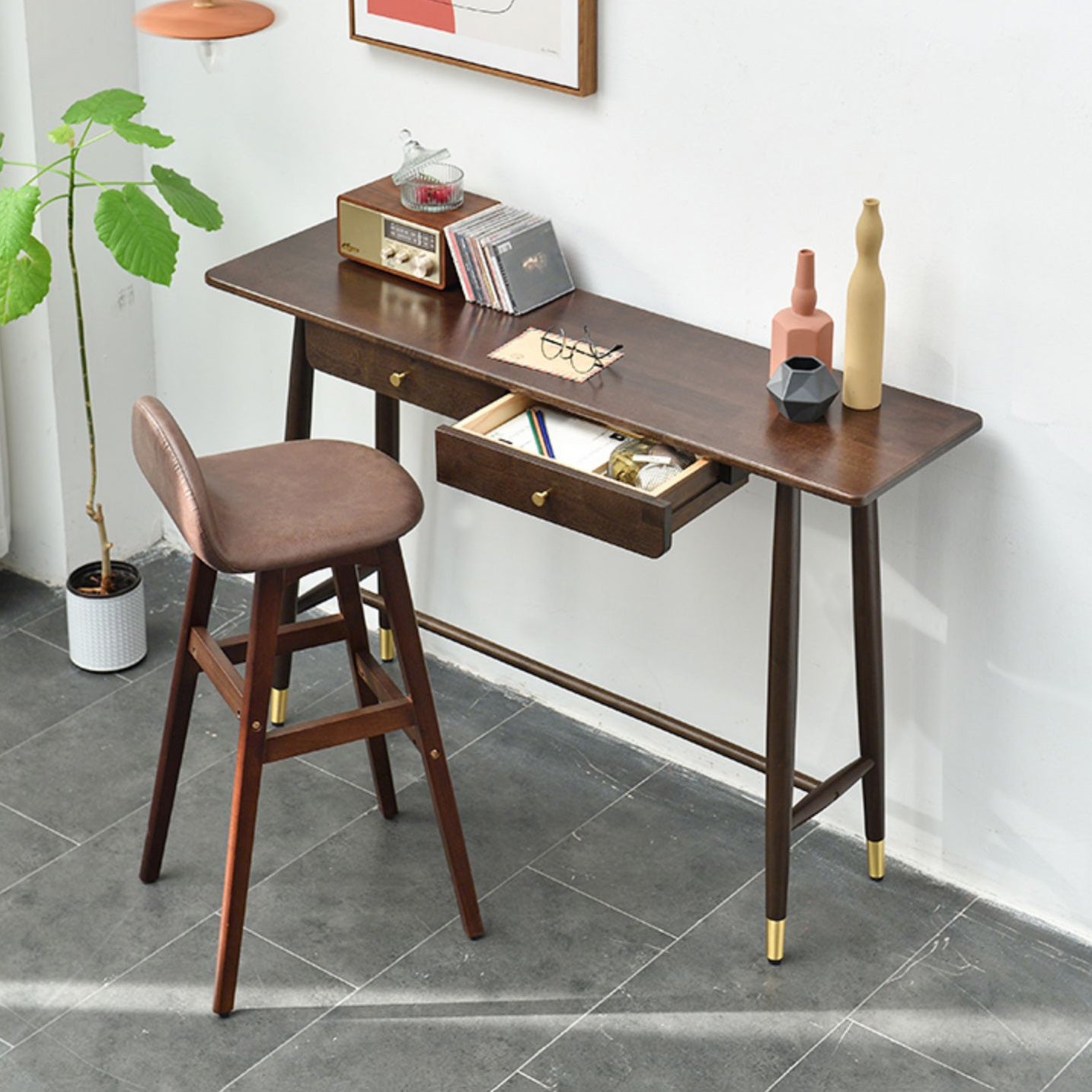 Modern Oak Wood Bar Table Set 1/2 Pieces Wooden Counter Table with Leather Stools