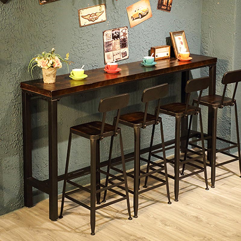 Pine Wood Top Bar Table Industrial Bar Dining Table with Black Trestle Base