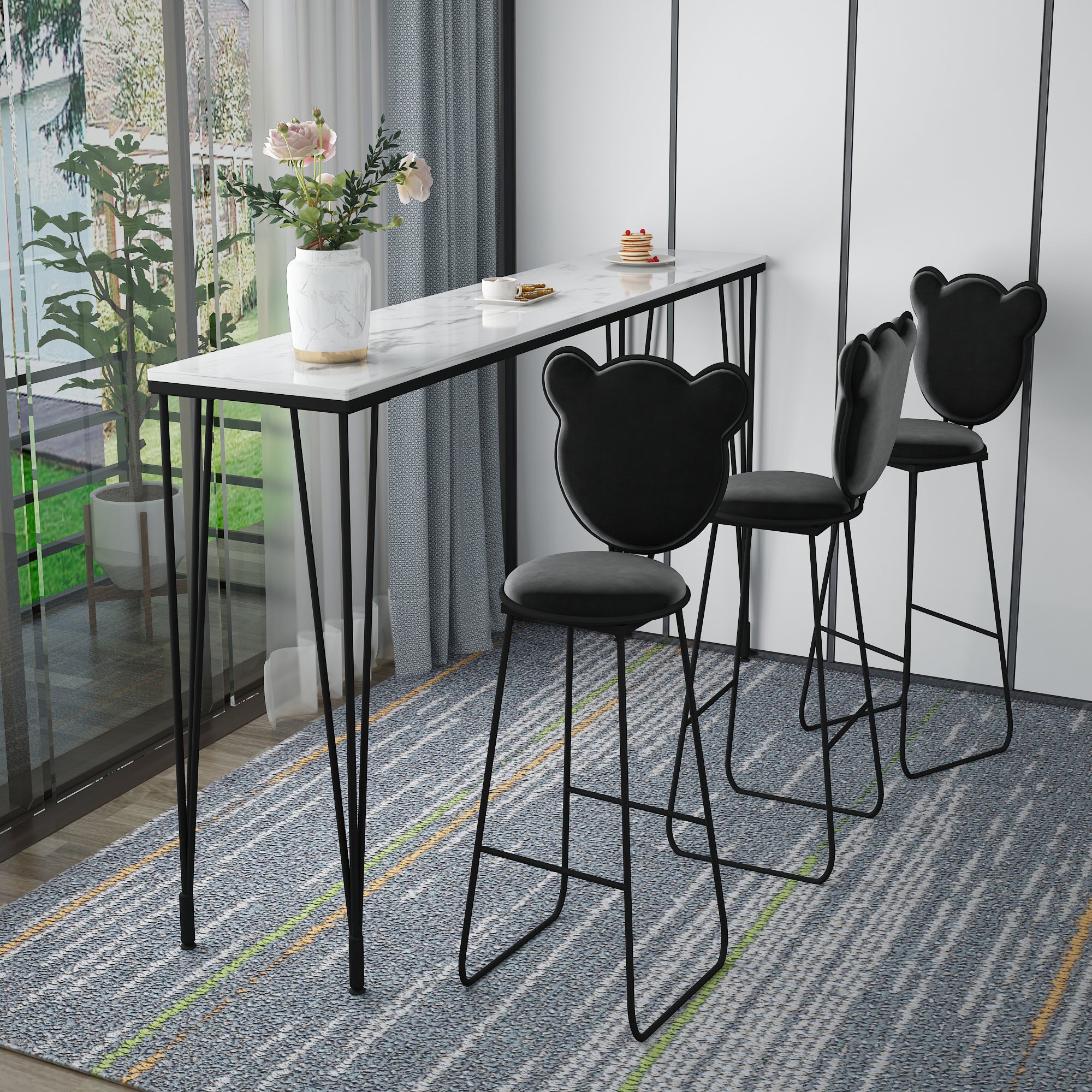 Modern 1/4 Pieces Bar Table Set Rectangle Stone Counter Table with Backrest Stools