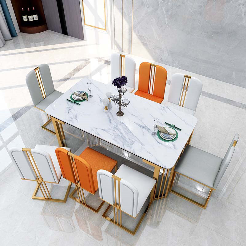 Rectangle White Top Dining Table Traditional Luxury Dining Table with Gold Frame