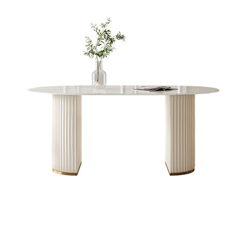 White Oval Stone Dining Table Double Pedestal Furniture for Kitchen