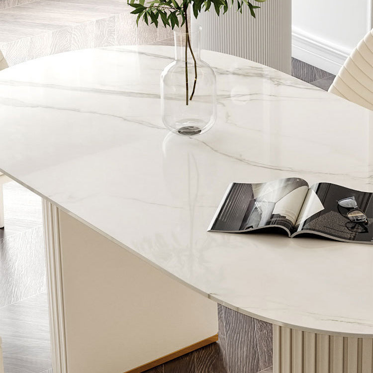 White Oval Stone Dining Table Double Pedestal Furniture for Kitchen