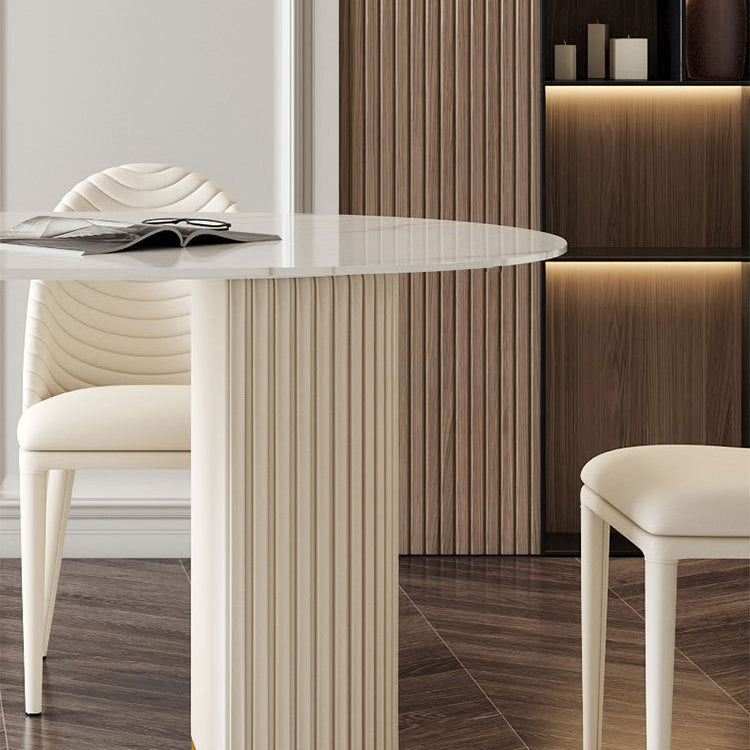 White Oval Stone Dining Table Double Pedestal Furniture for Kitchen