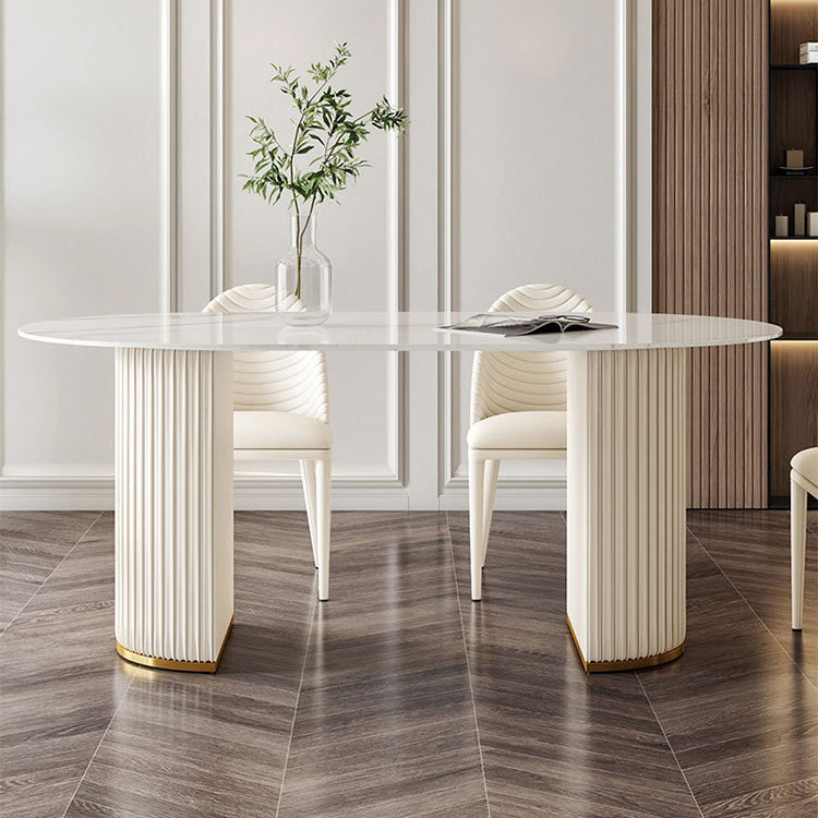 White Oval Stone Dining Table Double Pedestal Furniture for Kitchen