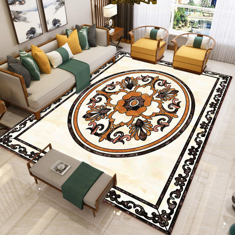 Victoria Floral Pattern Rug White Polyster Carpet Washable Area Carpet for Living Room
