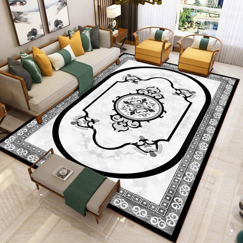 Victoria Floral Pattern Rug White Polyster Carpet Washable Area Carpet for Living Room