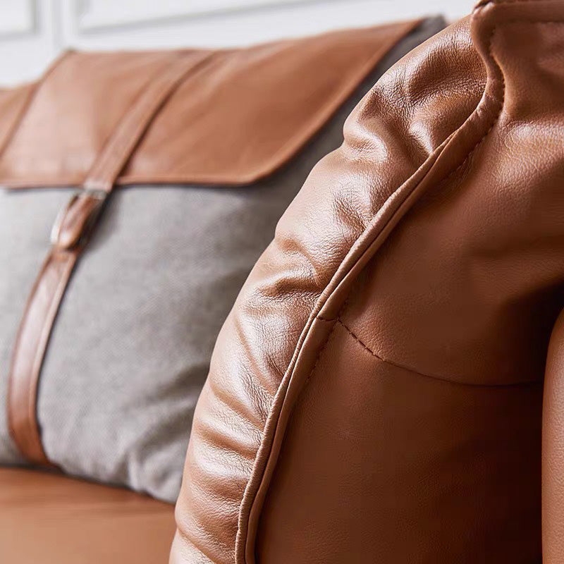 Pillow Top Arm Sectional Sofa 34.65"High Genuine Leather Cushion Back Sofa,Brown