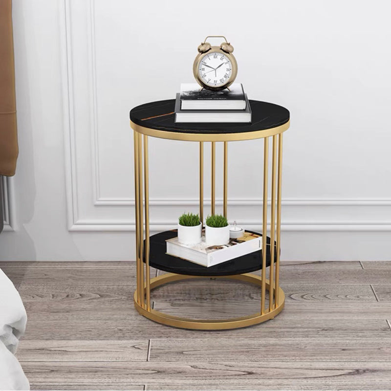 Frame-like Gold/black Metal Base Design Rock Sheet Top with Shelf Round Side Table