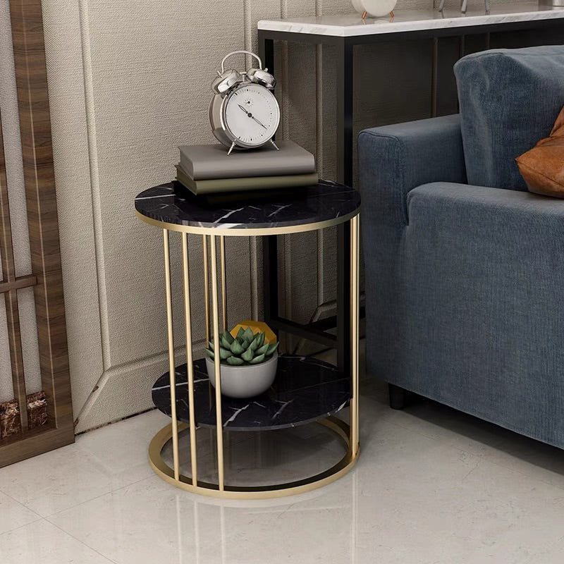 Frame-like Gold/black Metal Base Design Rock Sheet Top with Shelf Round Side Table