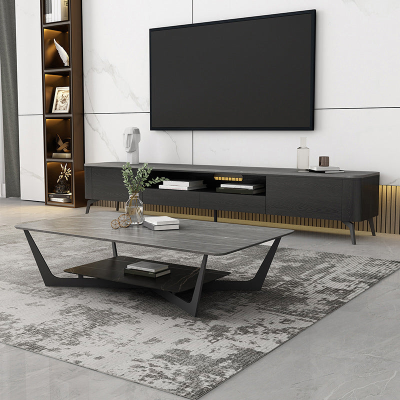 Modern Slate Cross Legs Coffee Table with Shelf Rectangular Cocktail Table in Black