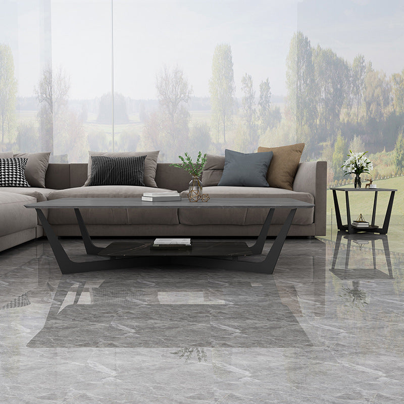 Modern Slate Cross Legs Coffee Table with Shelf Rectangular Cocktail Table in Black