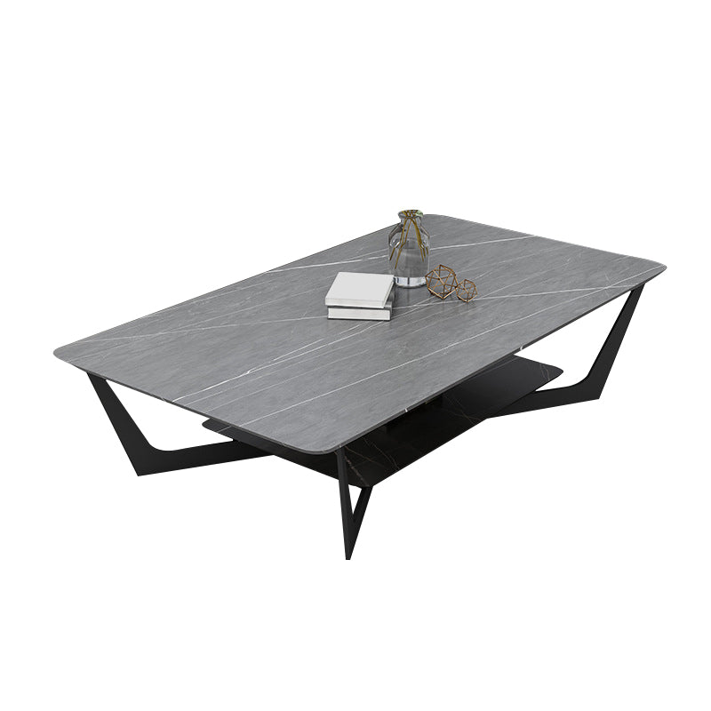 Modern Slate Cross Legs Coffee Table with Shelf Rectangular Cocktail Table in Black