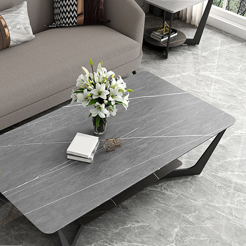 Modern Slate Cross Legs Coffee Table with Shelf Rectangular Cocktail Table in Black