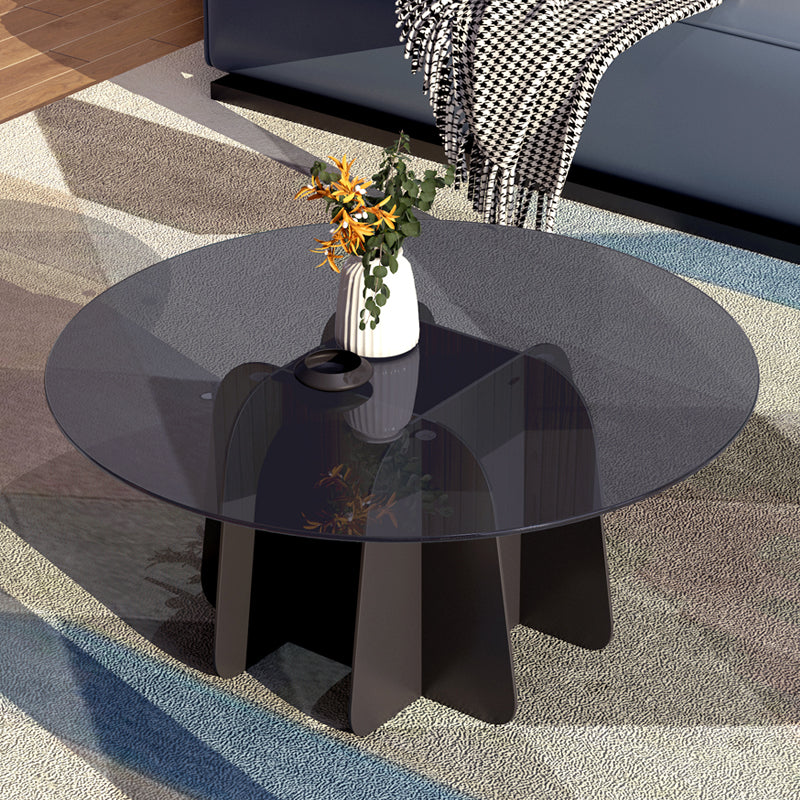 Pedestal Base Coffee Table Round Glass Cocktail Table in Black