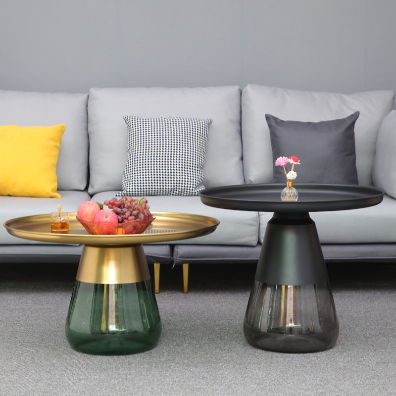 Mid-century Modern Metal Tray Top Glass Base Round Coffee Table