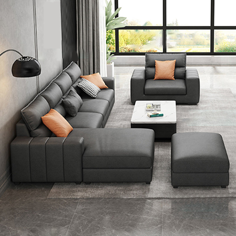 Square Arm Dark Gray Stain-Resistant Faux Leather Modular L-Shape Sofa