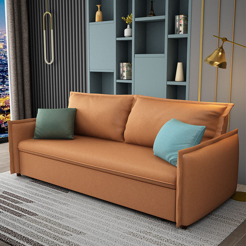 Orange Upholstery Sofa Bed with 2 Pillows Back and Square Arm