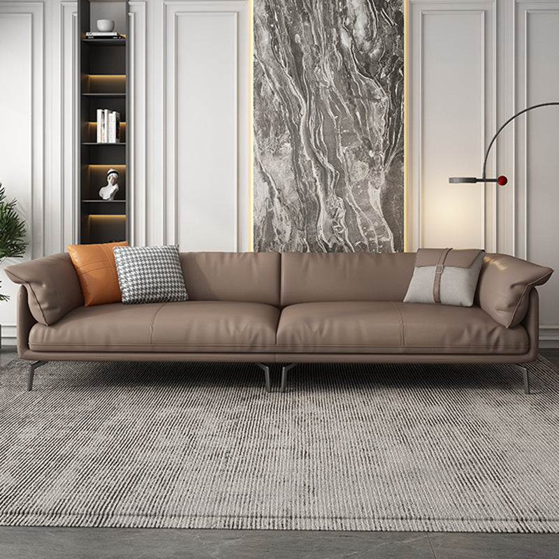 Stationary Stain Resistant Genuine Leather Living Room Pillow Top Arm Sofa