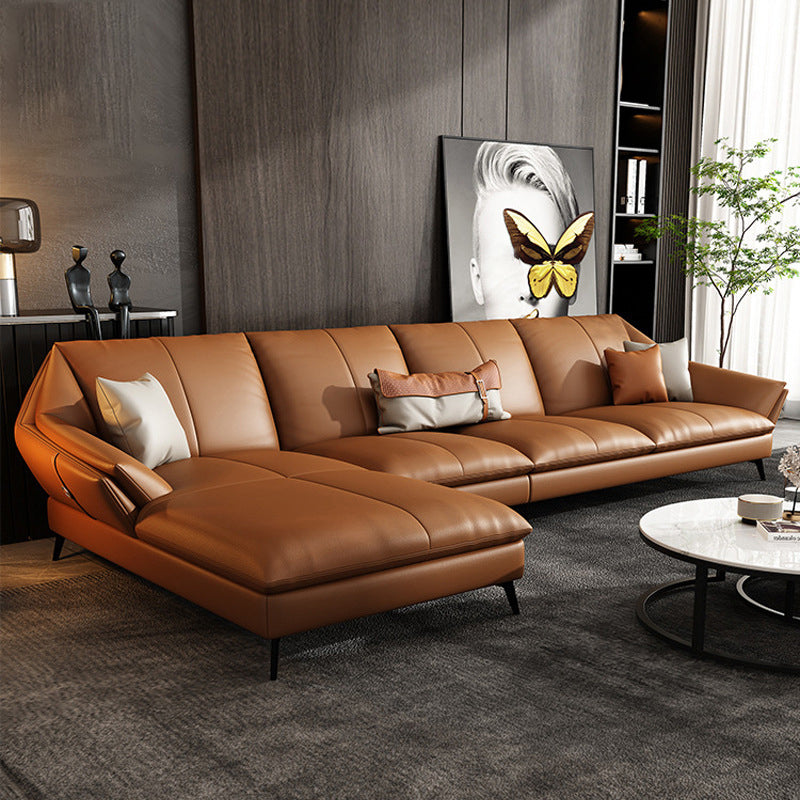 Flared Arm Leather Sofa Cushions Back Modern Sectional for Living Room
