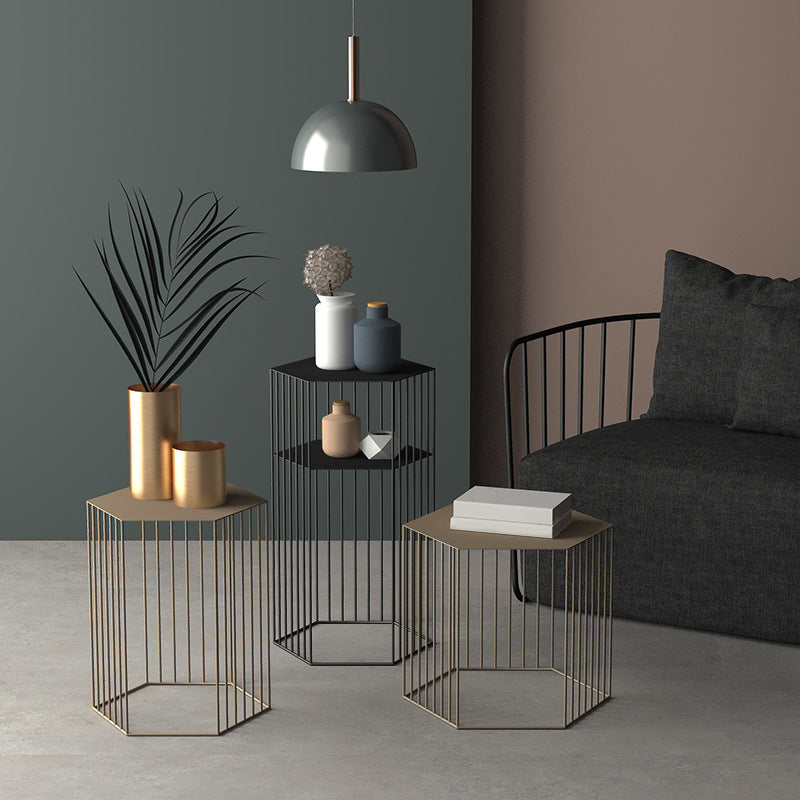 Glam Hexagon Metal End Table Geometric Side End Table in Gold/Black/White