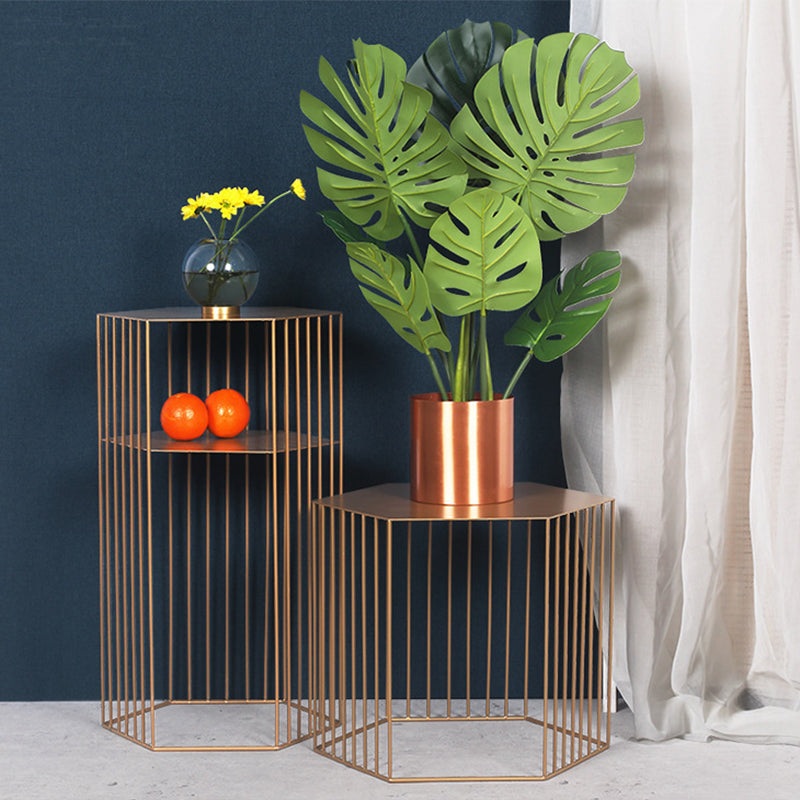 Glam Hexagon Metal End Table Geometric Side End Table in Gold/Black/White