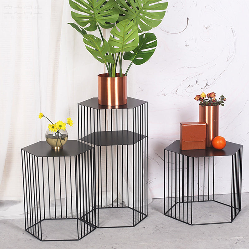 Glam Hexagon Metal End Table Geometric Side End Table in Gold/Black/White