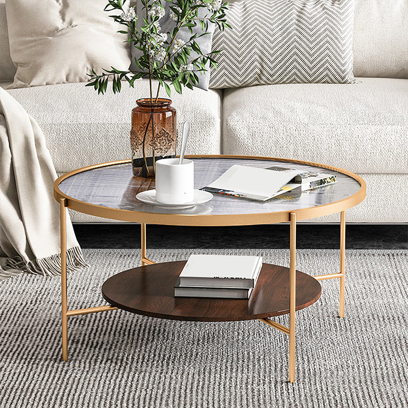 Round 4 Legs Coffee Table 2-Tier Cocktail Table with Wood Accents