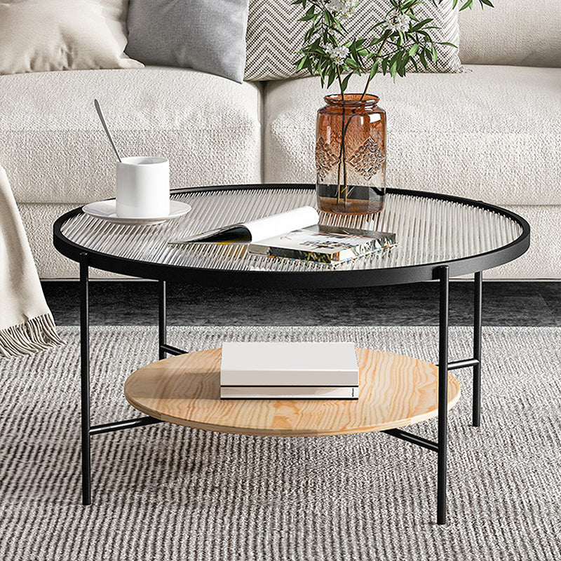 Round 4 Legs Coffee Table 2-Tier Cocktail Table with Wood Accents