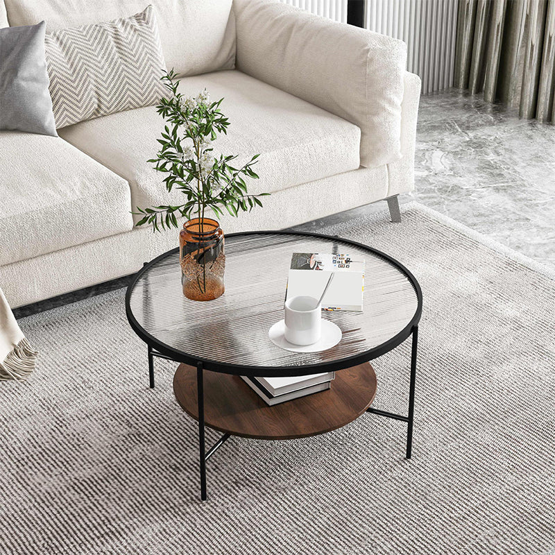 Round 4 Legs Coffee Table 2-Tier Cocktail Table with Wood Accents