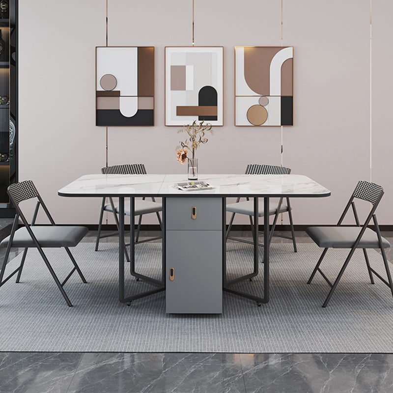 Foldable Sintered Stone Top Dining Table Modern Rectangle Table with Storage Trestle Base