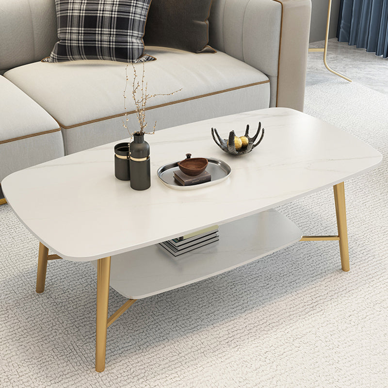 4 Legs 1 Single Coffee Table Rectangular Stone Cocktail Table with Shelf