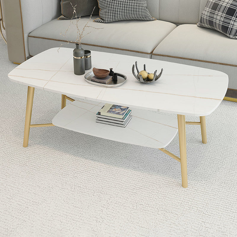 4 Legs 1 Single Coffee Table Rectangular Stone Cocktail Table with Shelf